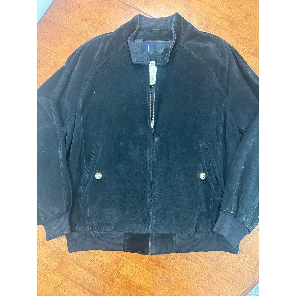 Orvis Leather Bomber Jacket Mens L Black Suede Plaid Lined Full Zip Harrington